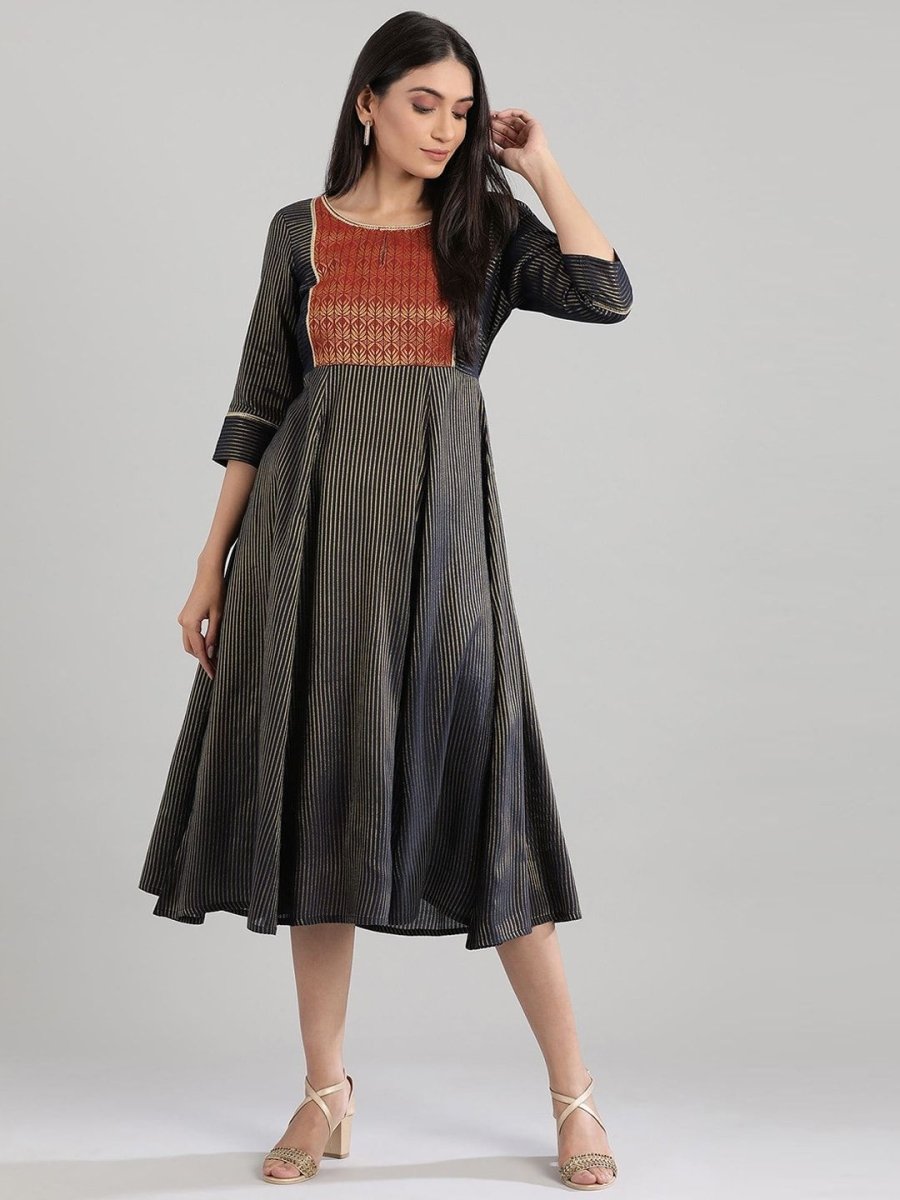 AURELIA Women Navy Blue Striped A-Line Ethnic Dress - Distacart