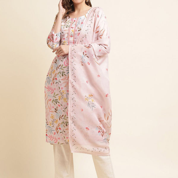 Ode by House of Pataudi Pink Floral Printed Sequinned Linen Kurta With Trousers & Dupatta - Distacart