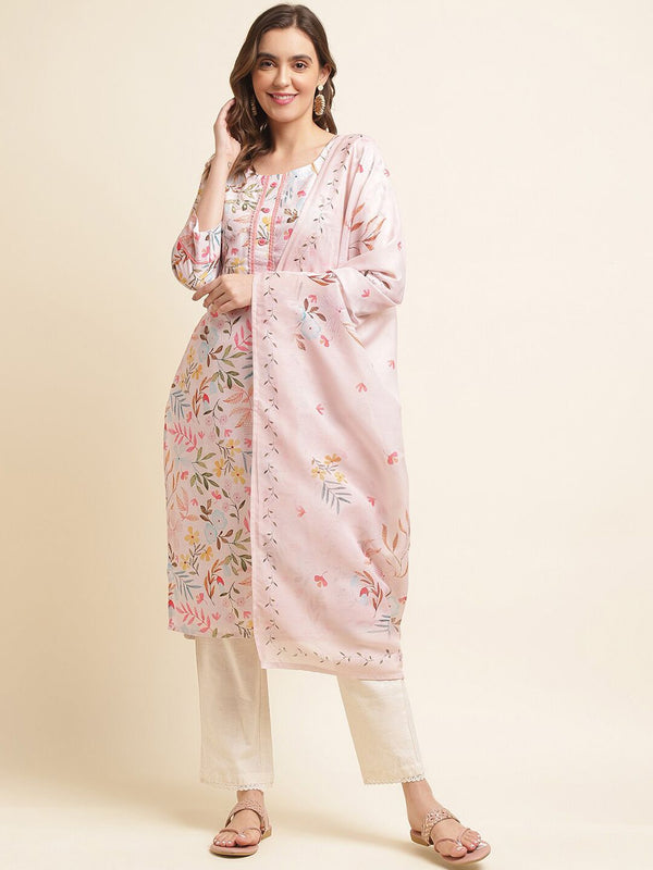 Ode by House of Pataudi Pink Floral Printed Sequinned Linen Kurta With Trousers & Dupatta - Distacart