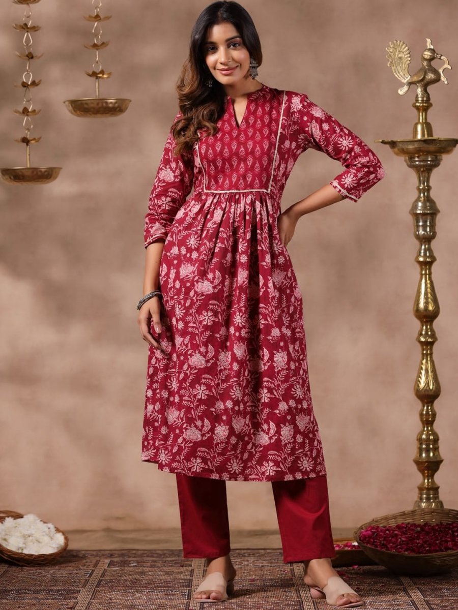Anubhutee Floral Printed Mandarin Collar Pure Cotton A-Line Kurta And Trousers - Distacart