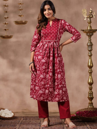 Anubhutee Floral Printed Mandarin Collar Pure Cotton A-Line Kurta And Trousers - Distacart