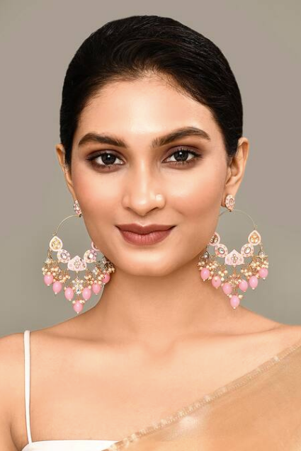 New Stylish Ethnic Partywear Light Pink Hoops Kundan Earrings for Womens by House of Ree - Distacart