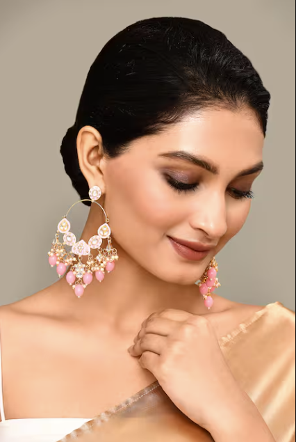 New Stylish Ethnic Partywear Light Pink Hoops Kundan Earrings for Womens by House of Ree - Distacart
