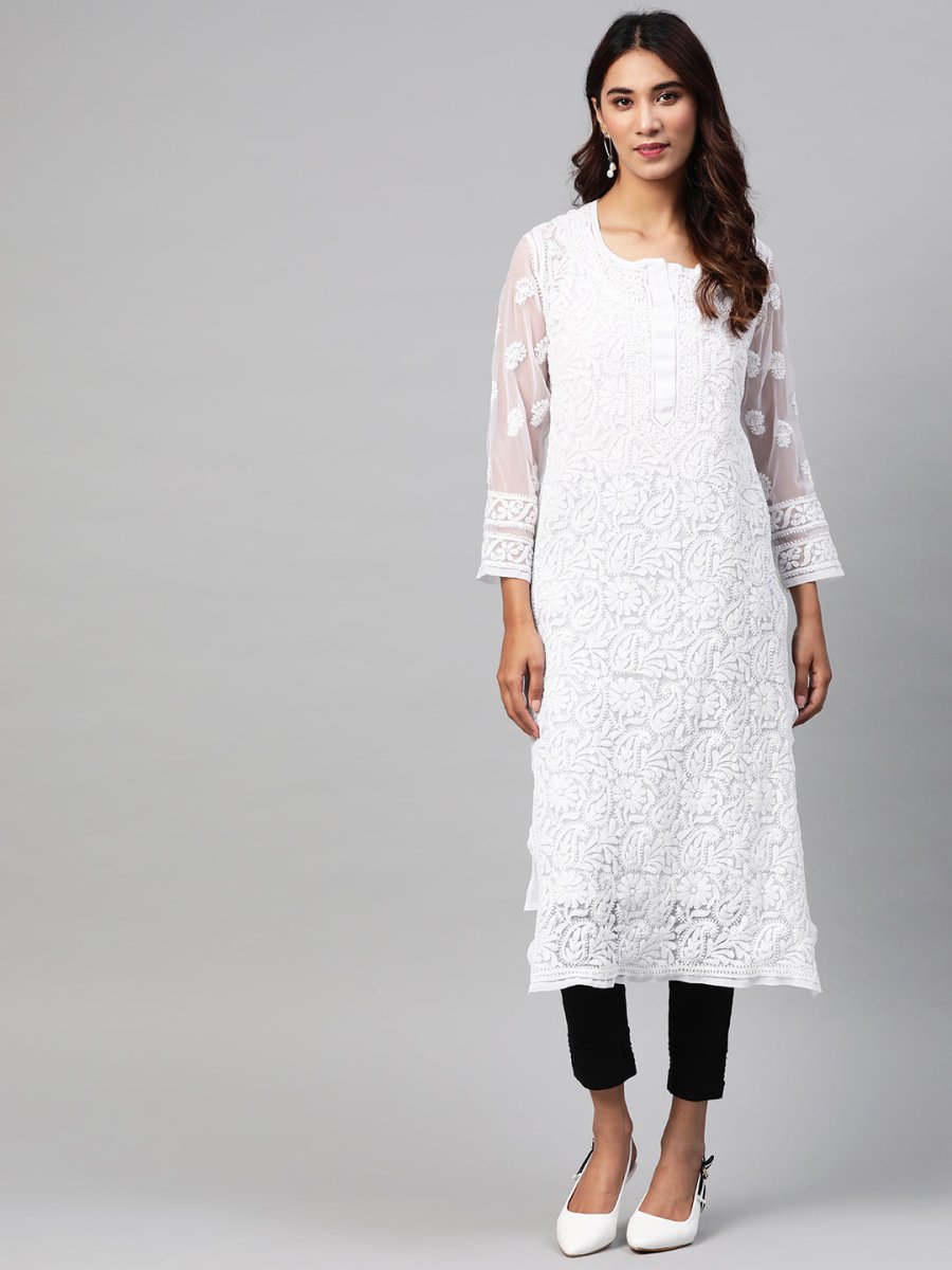 ADA Women White & Black Chikankari Embroidered Sustainable Handloom Kurta with Trousers & Inner - Distacart