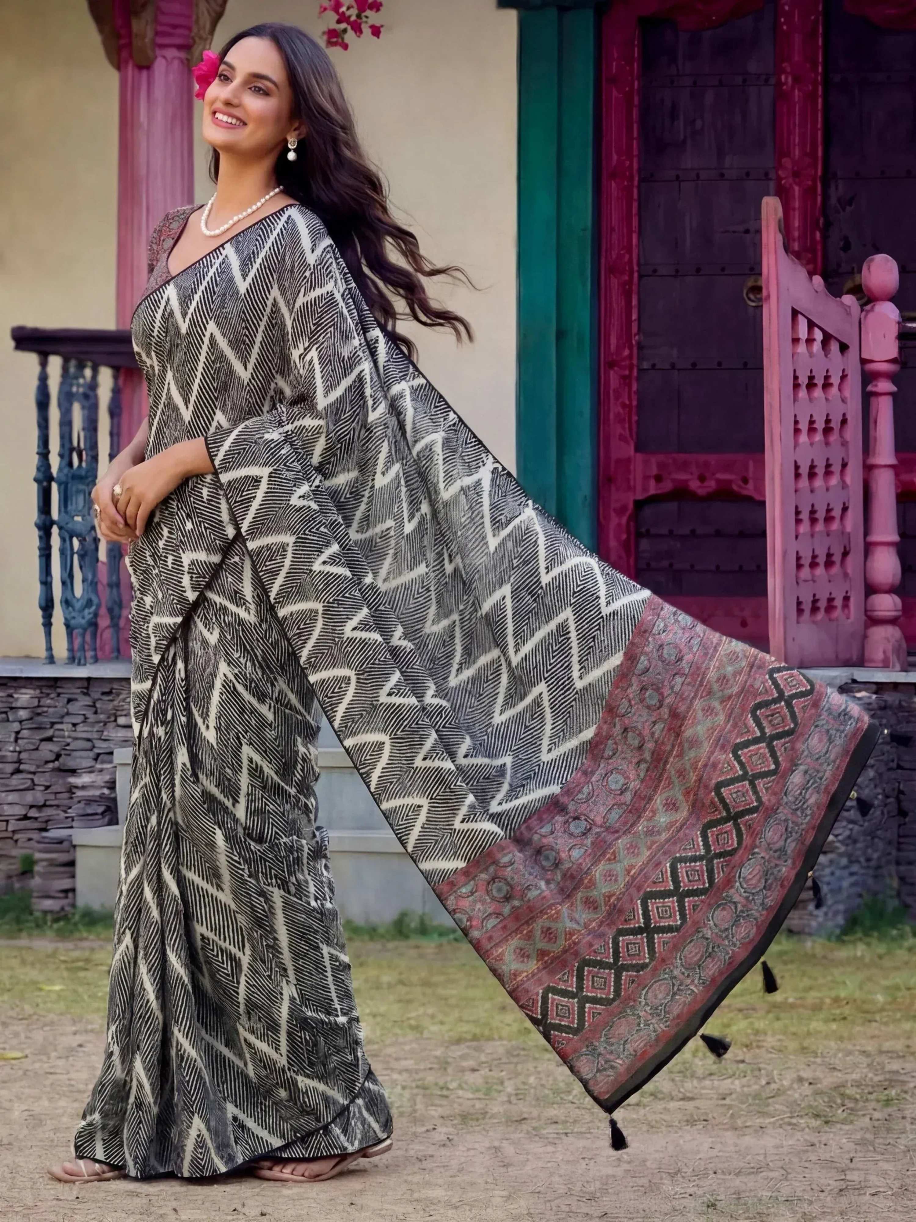 Tulsi Art Stylish Black Digital Printed Crepe Casual Wear Saree With Blouse - Dista
