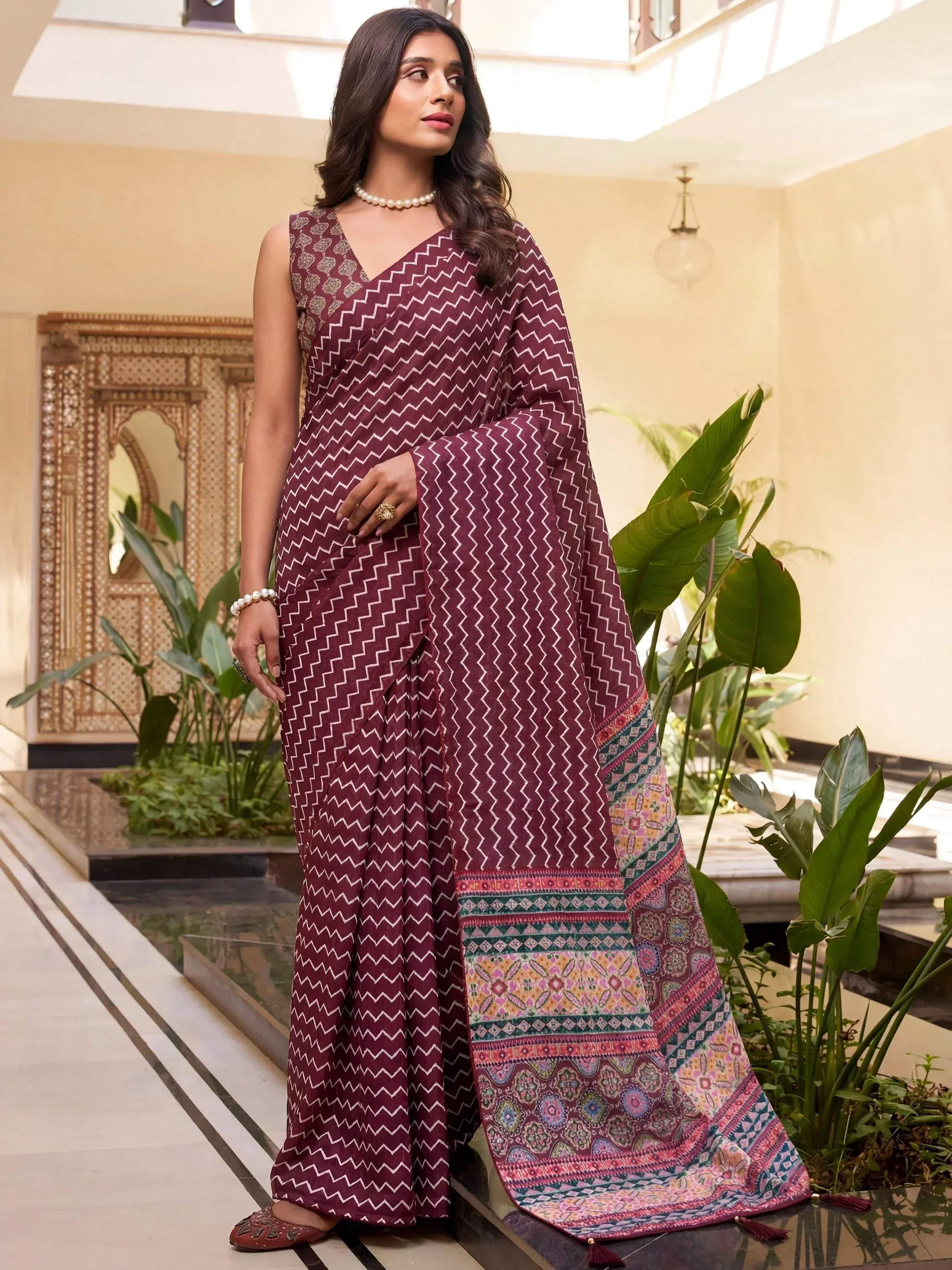 Tulsi Art Attractive Maroon Digital Printed Crepe Office Wear Saree With Blouse - Dista