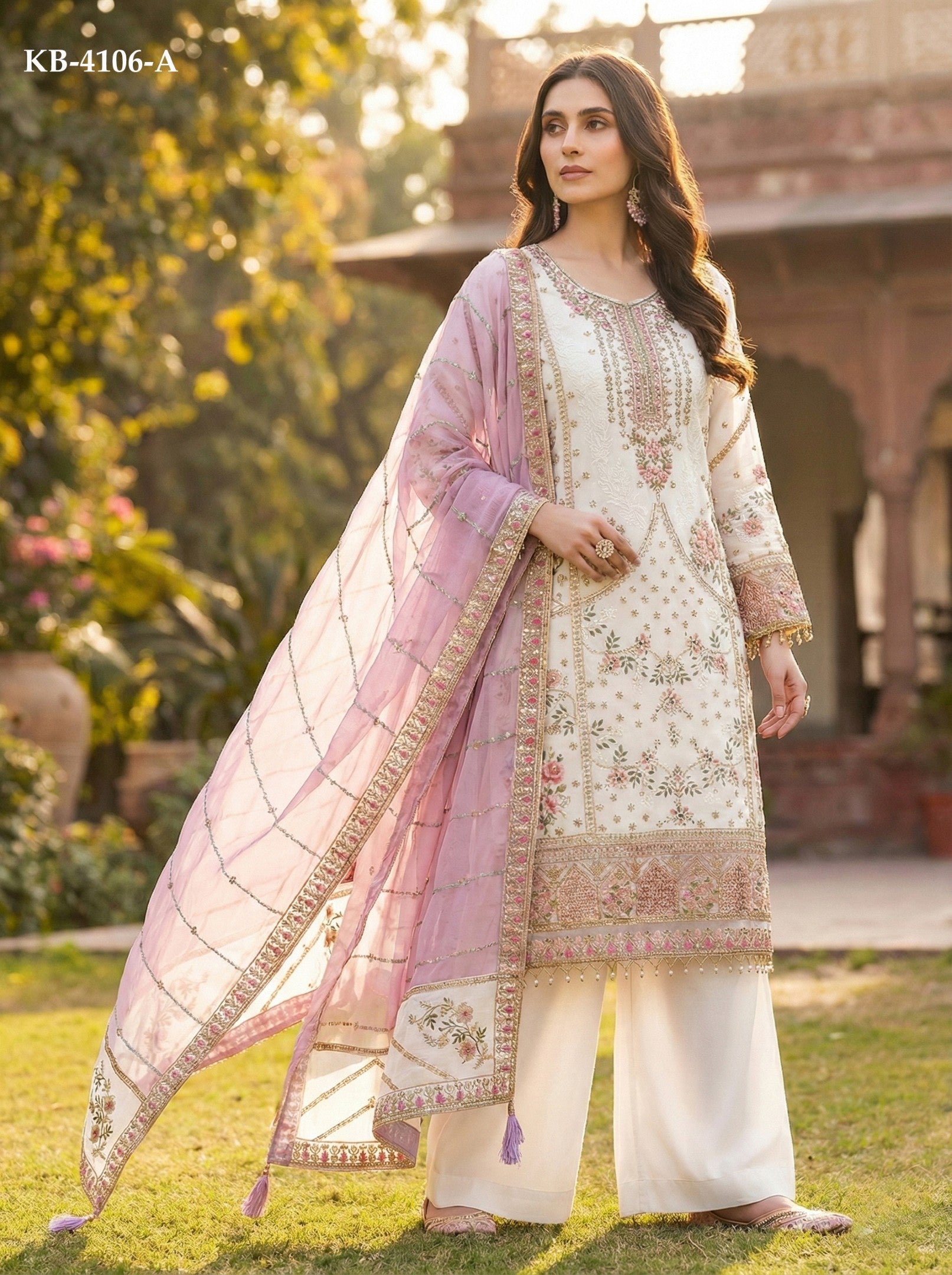 Anaita White Fox Georgette Suit with Embroidery & Khatli Work - Distacart