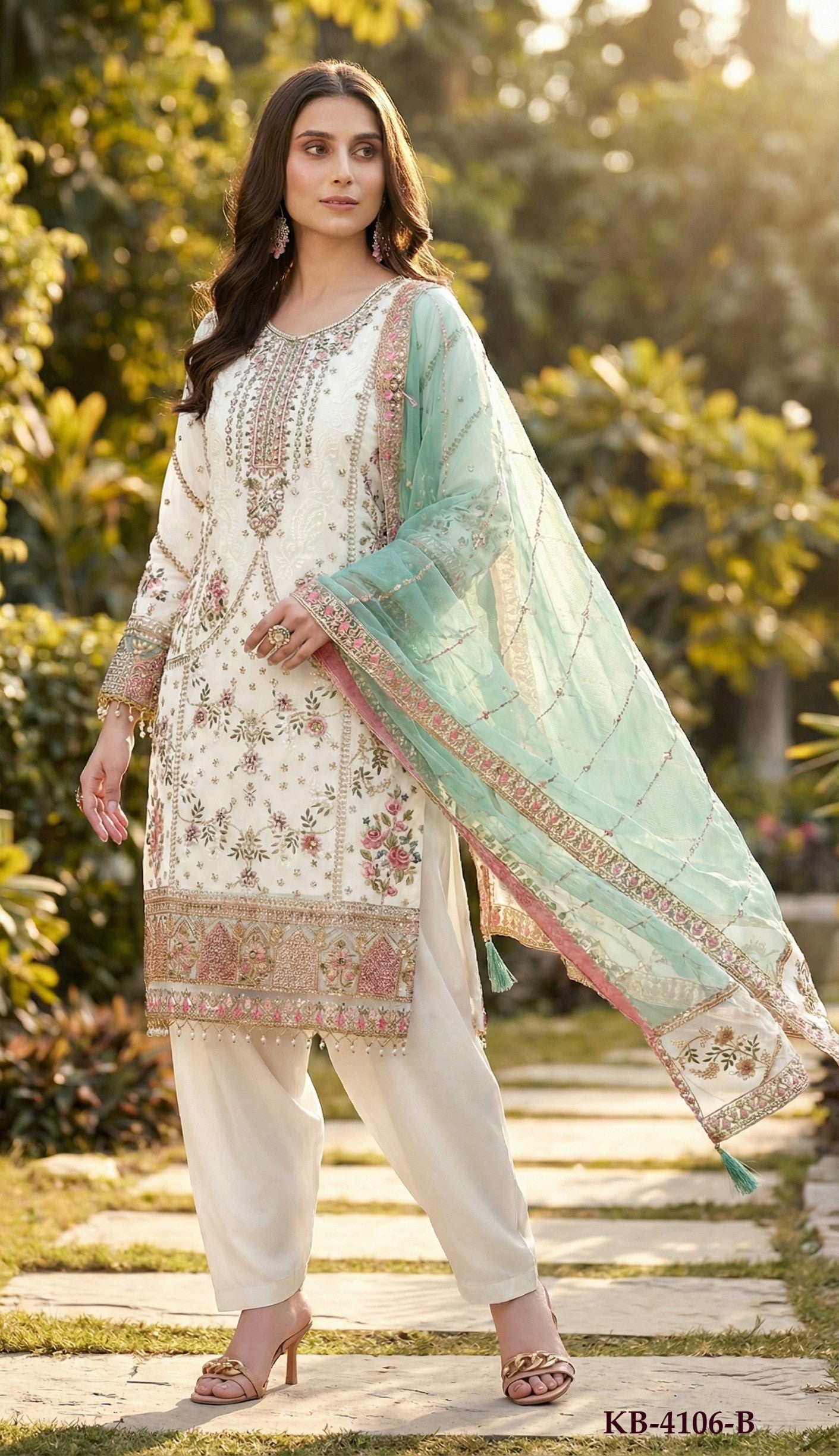 Anaita White Fox Georgette Suit with Embroidery & Khatli Work - Distacart