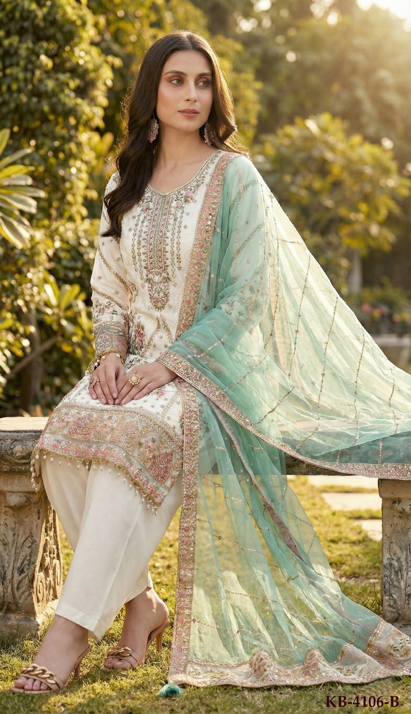 Anaita White Fox Georgette Suit with Embroidery & Khatli Work - Distacart