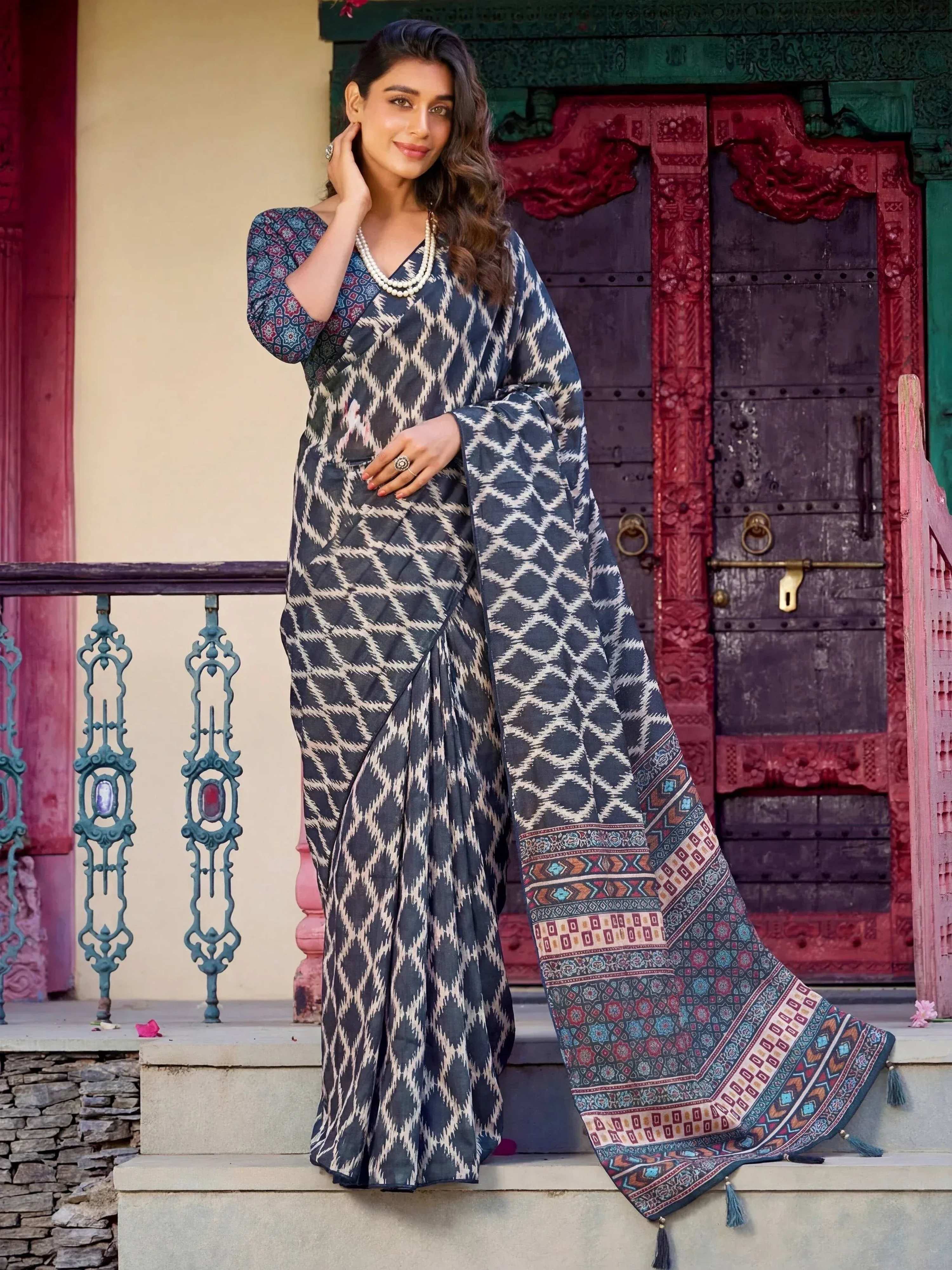 Tulsi Art Pretty Blue Digital Printed Crepe Casual Wear Saree With Blouse - Dista