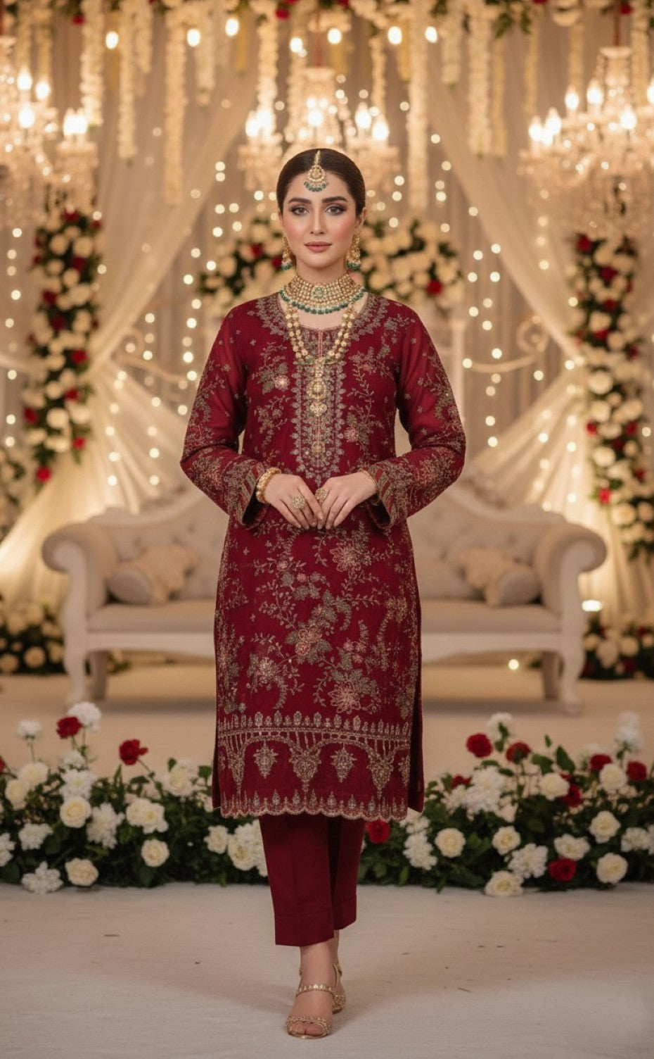 Anaita Maroon Chiffon Suit with Embroidery & Sequence Work - Distacart