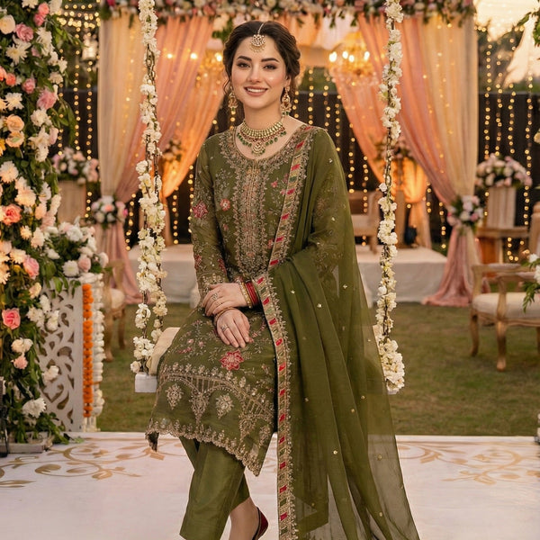 Anaita Mehendi Chiffon Suit with Embroidery & Sequence Work - Distacart