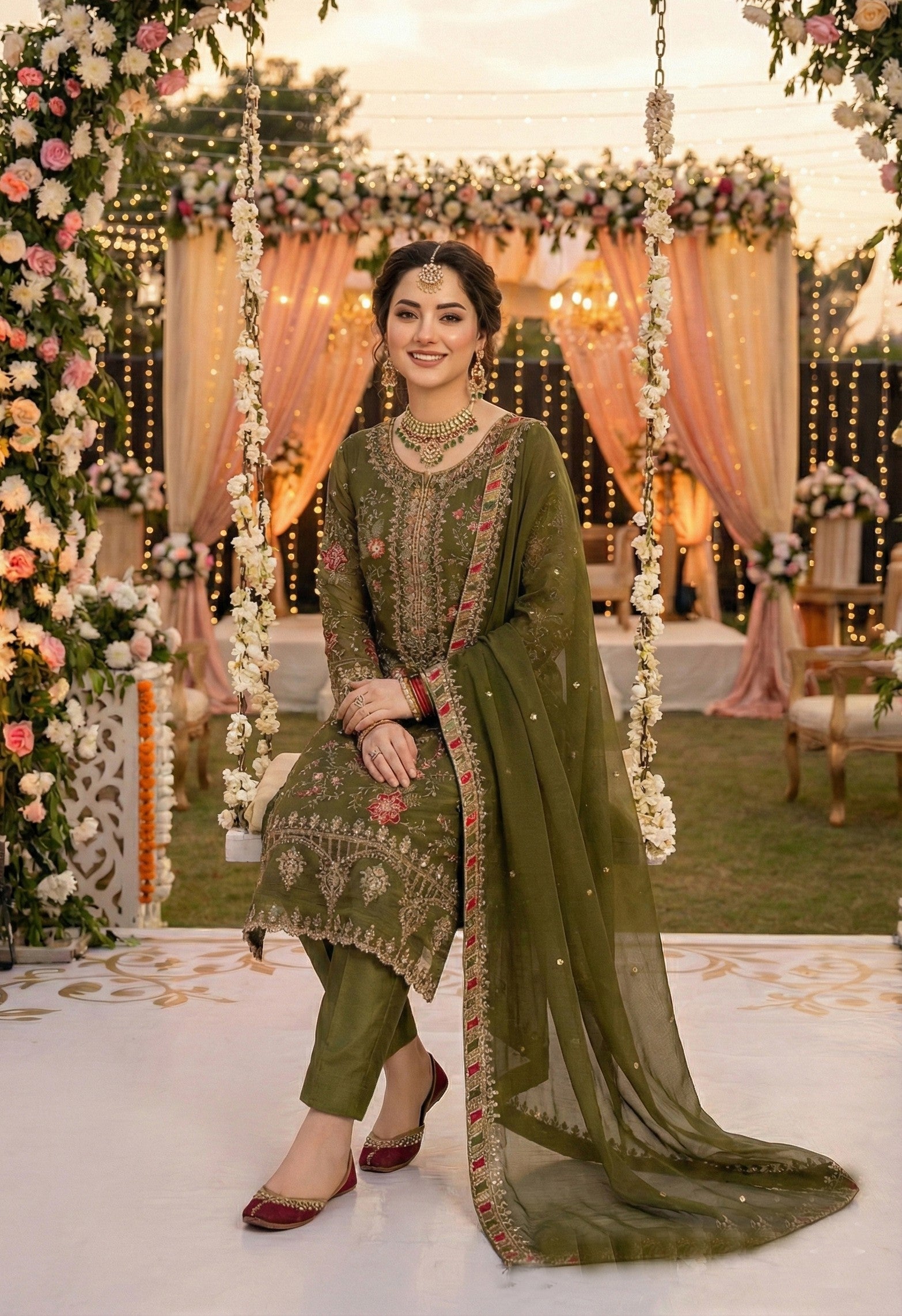 Anaita Mehendi Chiffon Suit with Embroidery & Sequence Work - Distacart