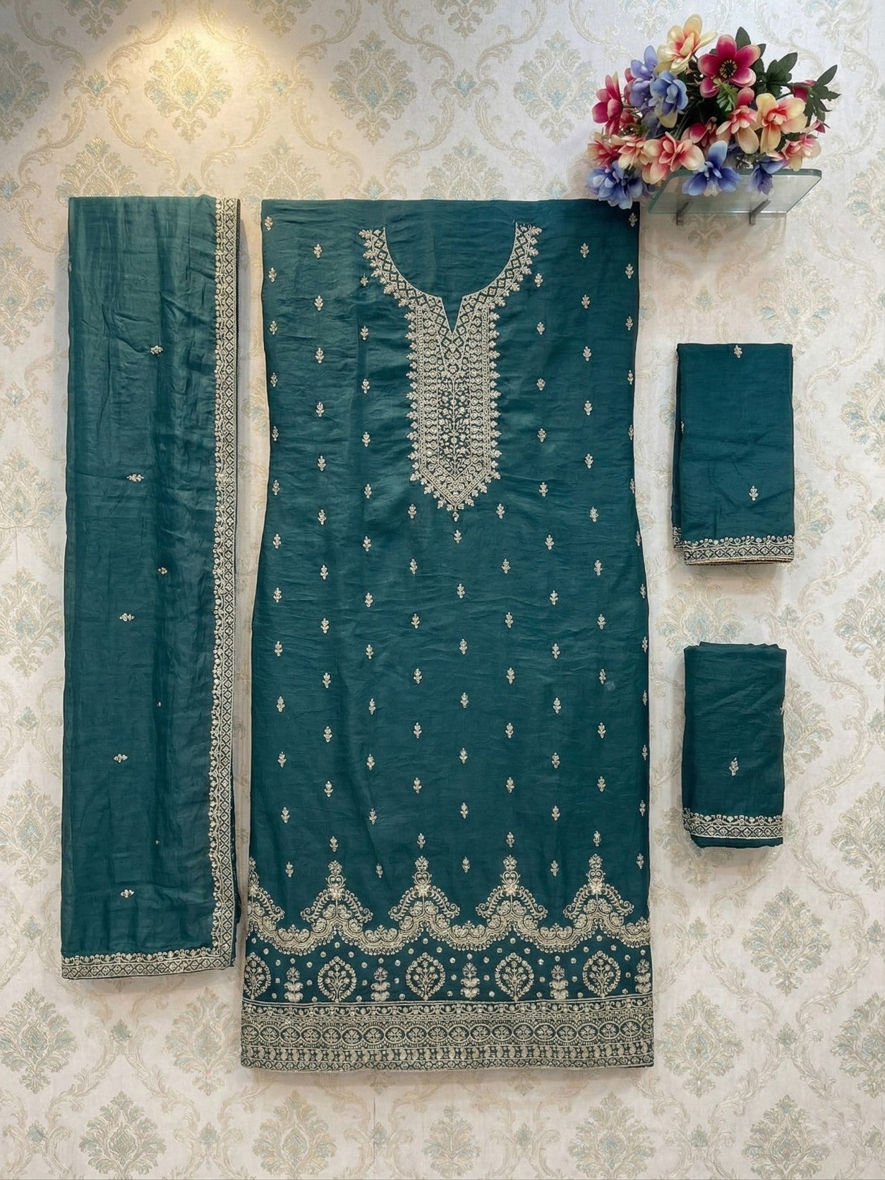 Anaita Teal Green Silk Suit With Embroidery & Sequence Work - Dista
