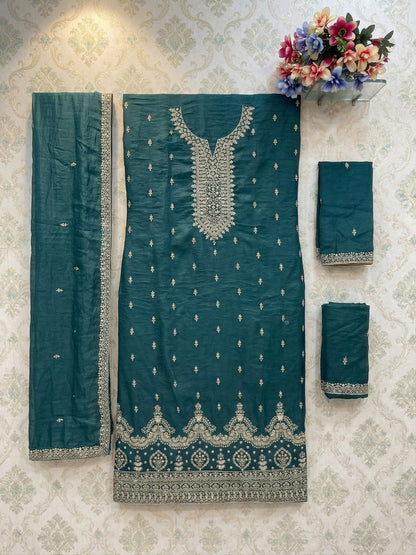 Anaita Teal Green Silk Suit With Embroidery & Sequence Work - Dista