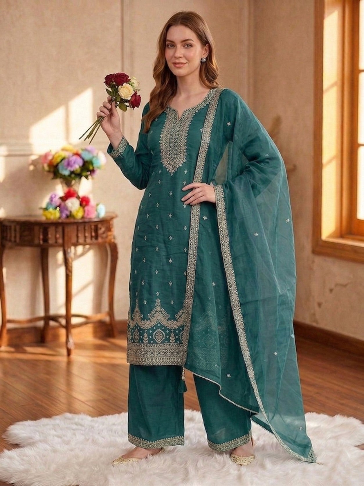 Anaita Teal Green Silk Suit With Embroidery & Sequence Work - Dista