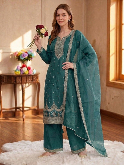 Anaita Teal Green Silk Suit With Embroidery & Sequence Work - Dista