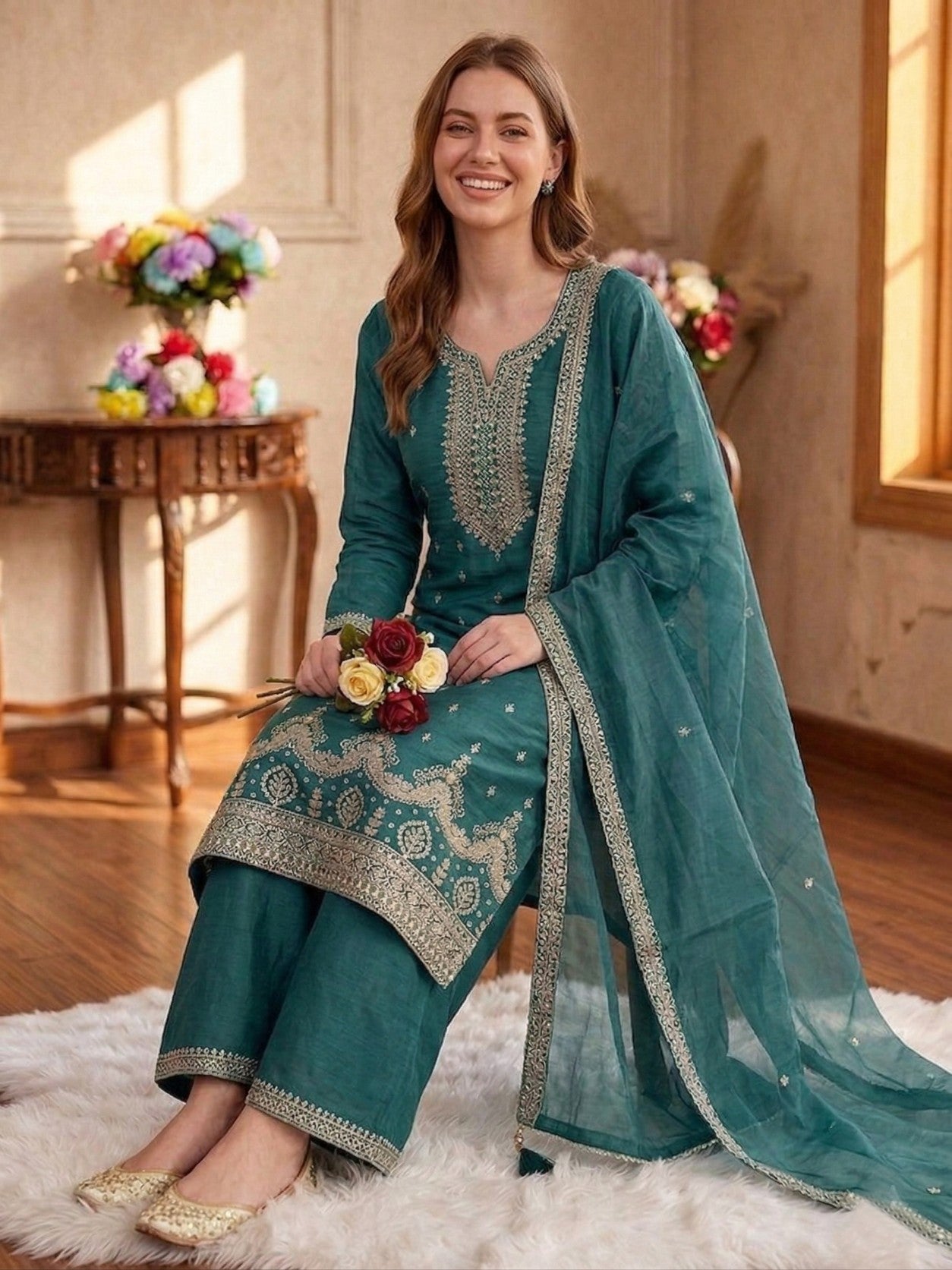 Anaita Teal Green Silk Suit With Embroidery & Sequence Work - Dista