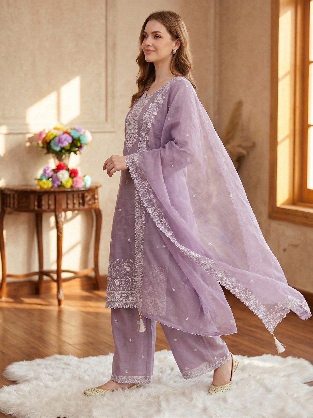 Anaita Lavender Silk Suit With Embroidery & Sequence Work - Dista