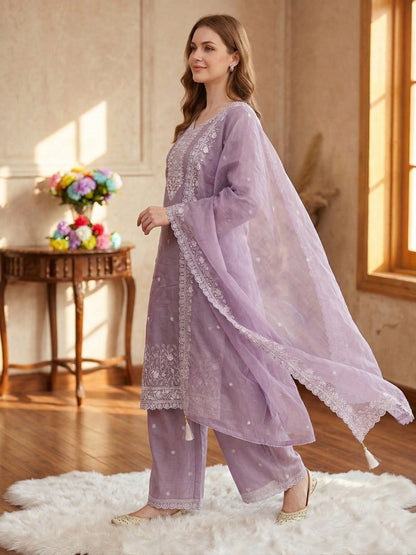 Anaita Lavender Silk Suit With Embroidery & Sequence Work - Dista
