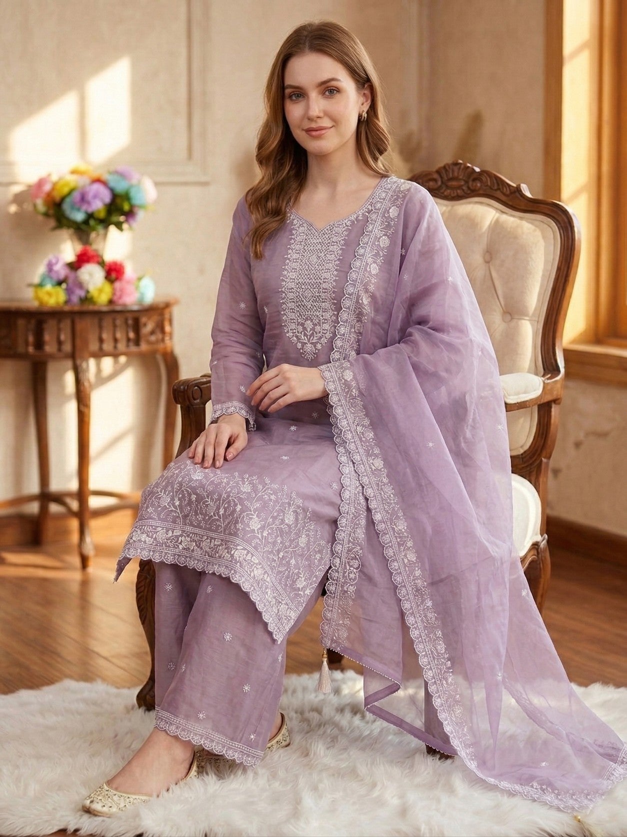 Anaita Lavender Silk Suit With Embroidery & Sequence Work - Dista
