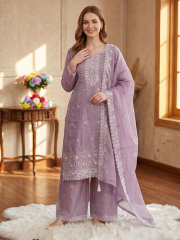 Anaita Lavender Silk Suit With Embroidery & Sequence Work - Dista