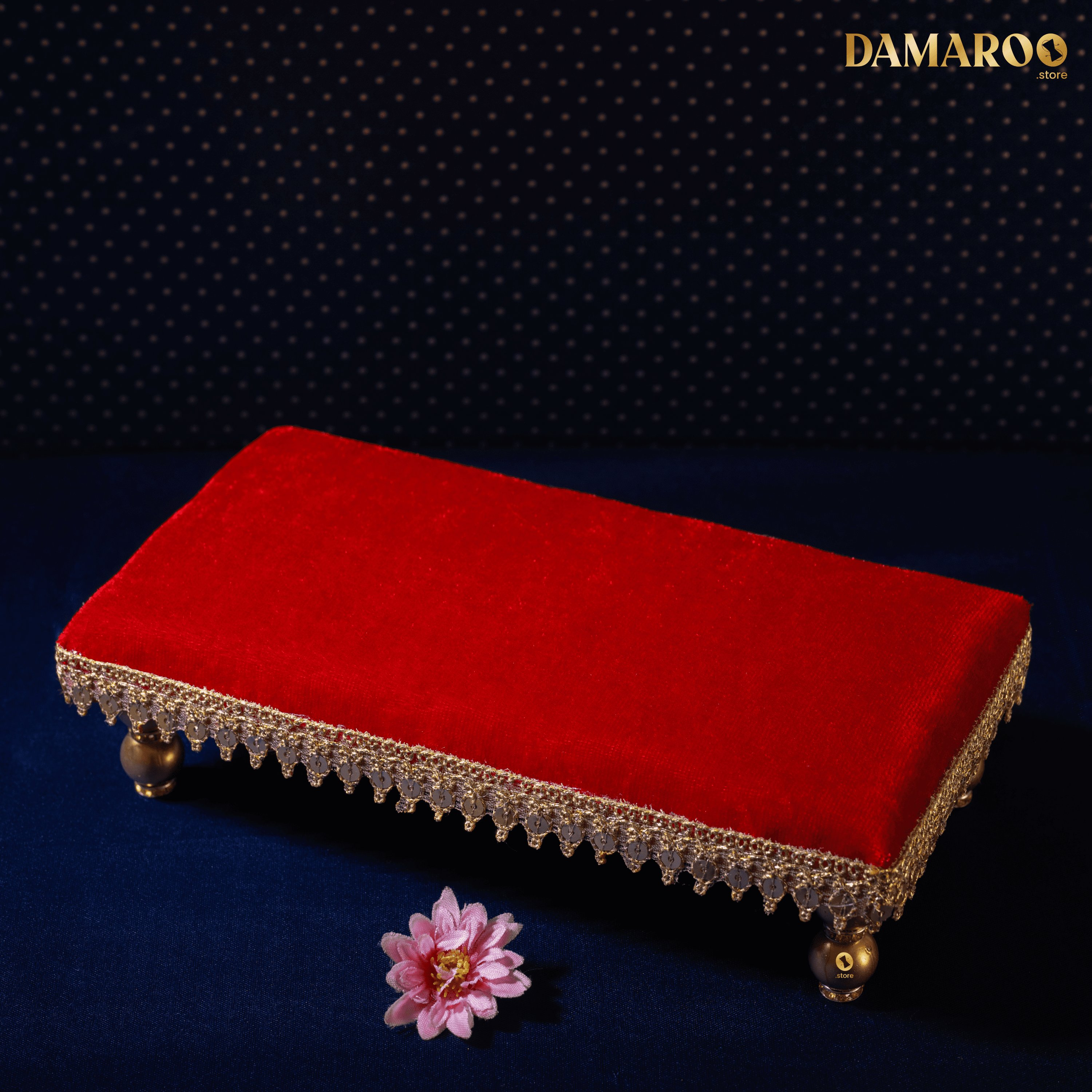 Damaroo 8x4 inch | Sacred Serenity Small Chowki / Bajot for Murti | Velvety Golden Frill - Kumkum Red - Distacart