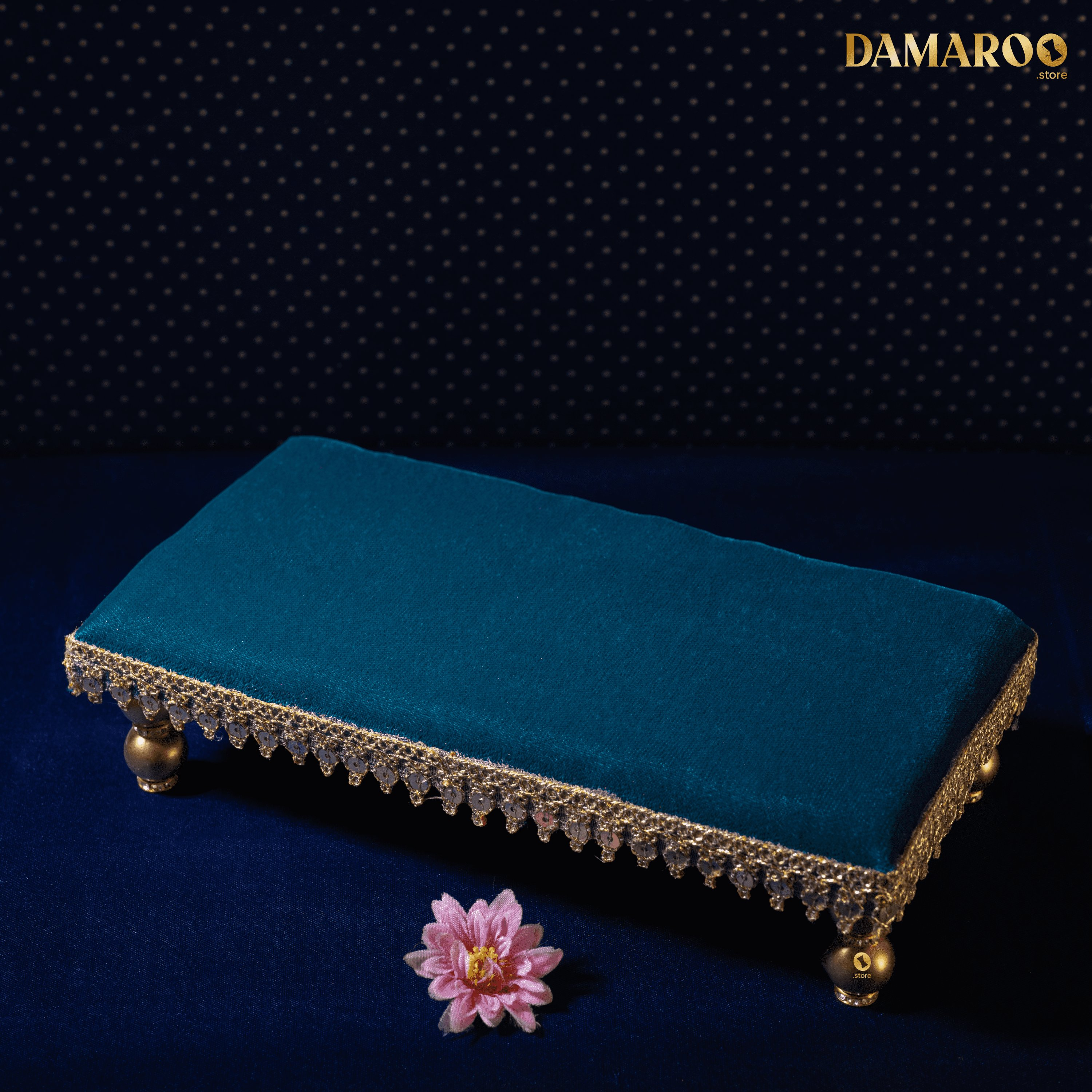 Damaroo 10x4 inch | Sacred Serenity Small Chowki / Bajot for Murti | Velvety Golden Frill - Peacock Blue - Distacart