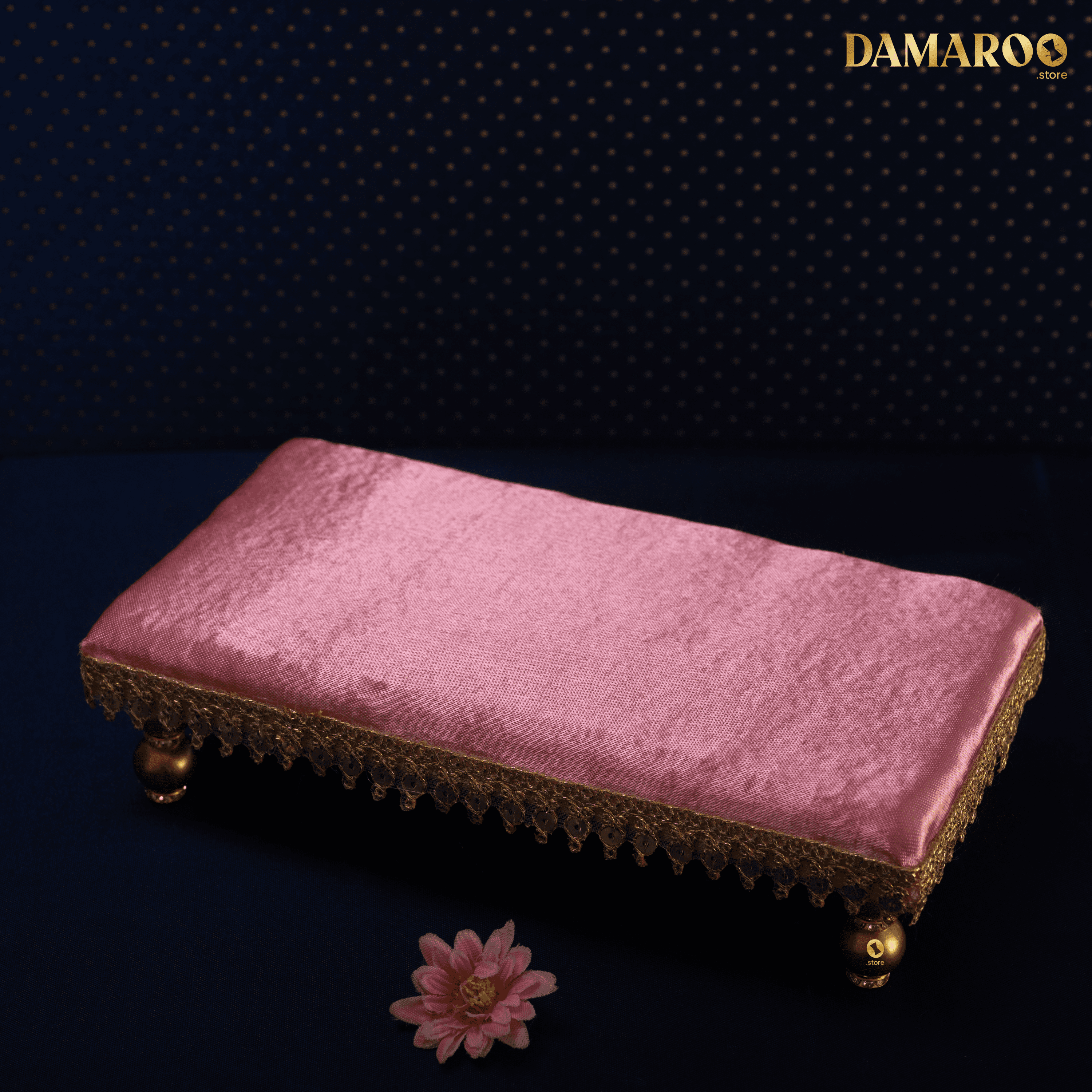 Damaroo 8x4 inch | Silken Splendor Small Pooja Chowki for God | Silk & Golden Frill - Peach - Distacart