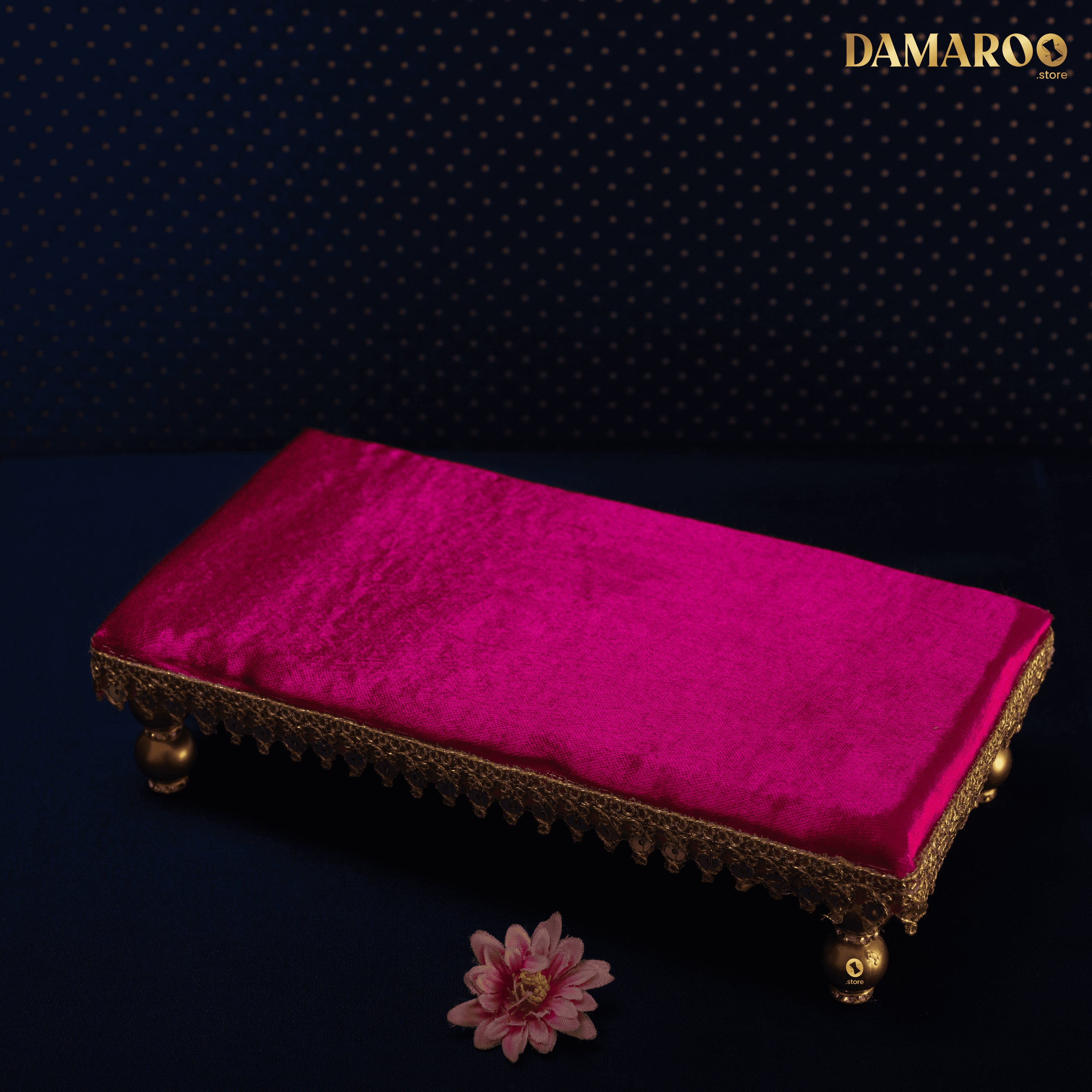 Damaroo 10x4 inch | Silken Splendor Small Pooja Chowki for God | Silk & Golden Frill - Magenta - Distacart