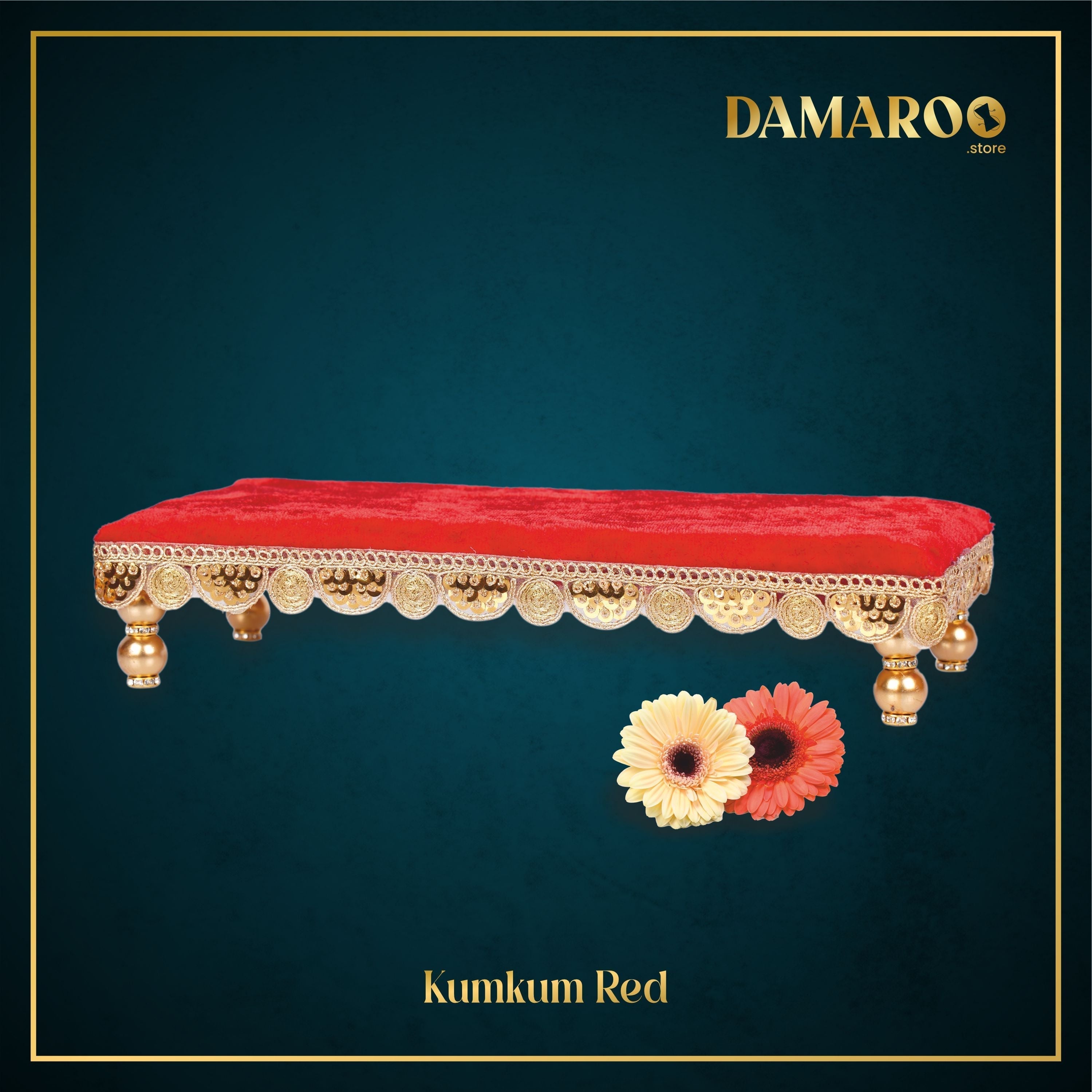Damaroo 10x4 inch | Bhakti Bliss Small Pooja Chowki / Bajot | Velvety Round Golden Frill - Kumkum Red - Distacart