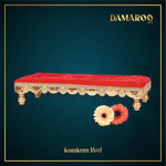 Thumbnail for Damaroo 10x4 inch | Bhakti Bliss Small Pooja Chowki / Bajot | Velvety Round Golden Frill - Kumkum Red - Distacart