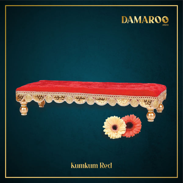 Damaroo 10x4 inch | Bhakti Bliss Small Pooja Chowki / Bajot | Velvety Round Golden Frill - Kumkum Red - Distacart