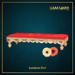 Thumbnail for Damaroo 8x4 inch | Bhakti Bliss Small Pooja Chowki / Bajot | Velvety Round Golden Frill - Kumkum Red - Distacart