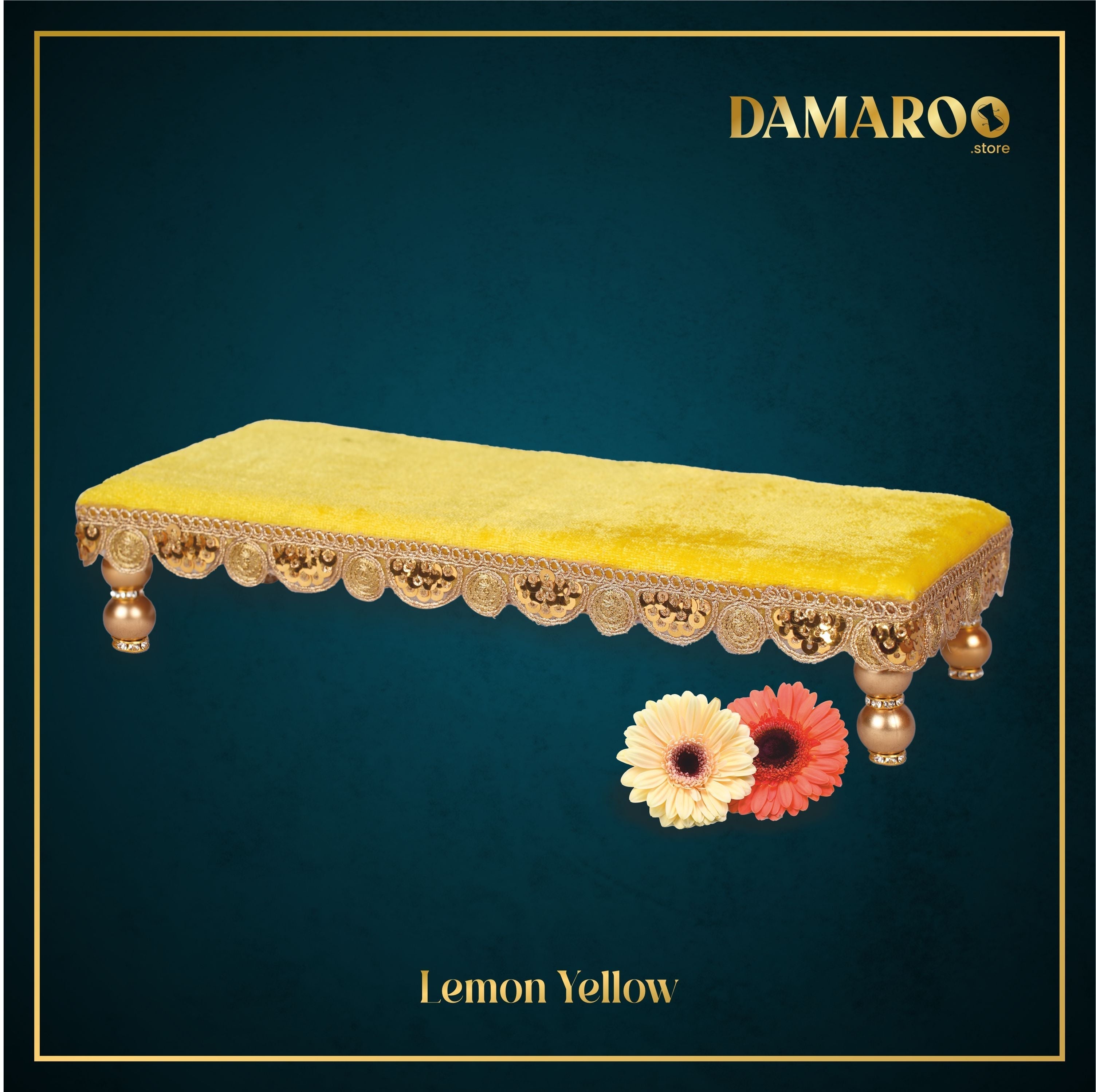 Damaroo 8x4 inch | Bhakti Bliss Small Pooja Chowki / Bajot | Velvety Round Golden Frill - Lemon Yellow - Distacart