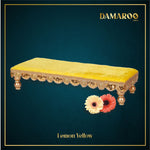 Thumbnail for Damaroo 10x4 inch | Bhakti Bliss Small Pooja Chowki / Bajot | Velvety Round Golden Frill - Lemon Yellow - Distacart