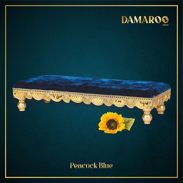 Damaroo 8x4 inch | Bhakti Bliss Small Pooja Chowki / Bajot | Velvety Round Golden Frill - Peacock Blue - Distacart