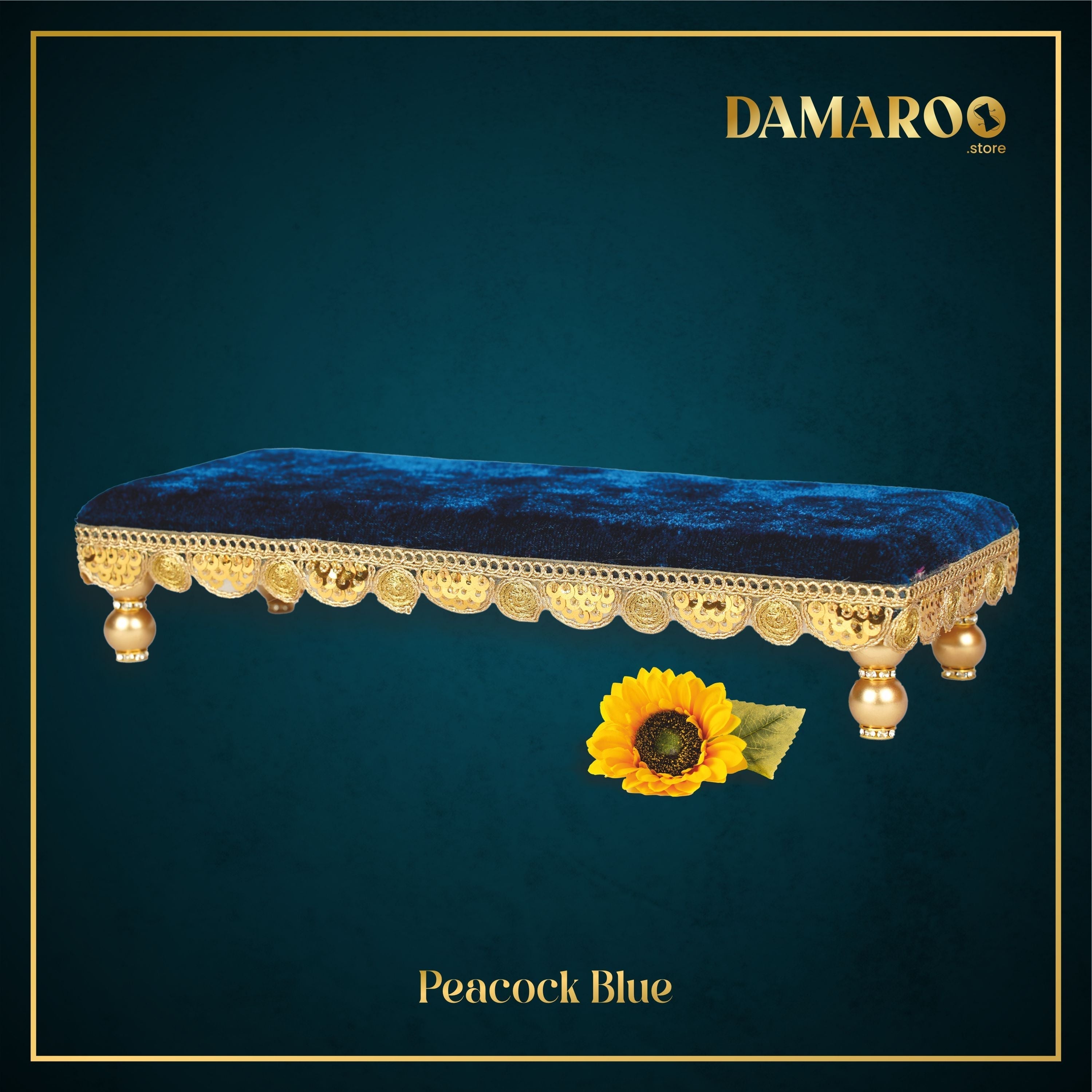 Damaroo 10x4 inch | Bhakti Bliss Small Pooja Chowki / Bajot | Velvety Round Golden Frill - Peacock Blue - Distacart