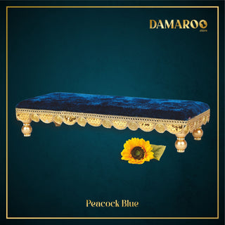 Damaroo 10x4 inch | Bhakti Bliss Small Pooja Chowki / Bajot | Velvety Round Golden Frill - Peacock Blue - Distacart