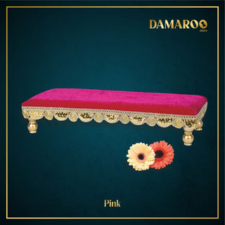 Damaroo 10x4 inch | Bhakti Bliss Small Pooja Chowki / Bajot | Velvety Round Golden Frill - Pink - Distacart