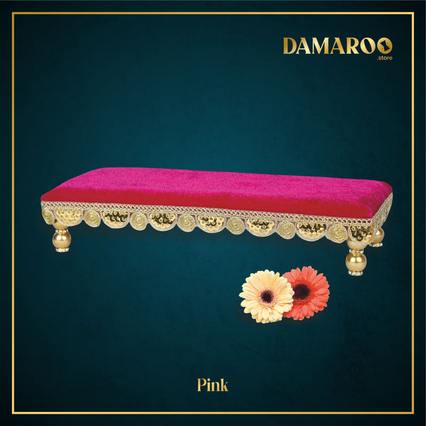 Damaroo 10x4 inch | Bhakti Bliss Small Pooja Chowki / Bajot | Velvety Round Golden Frill - Pink - Distacart