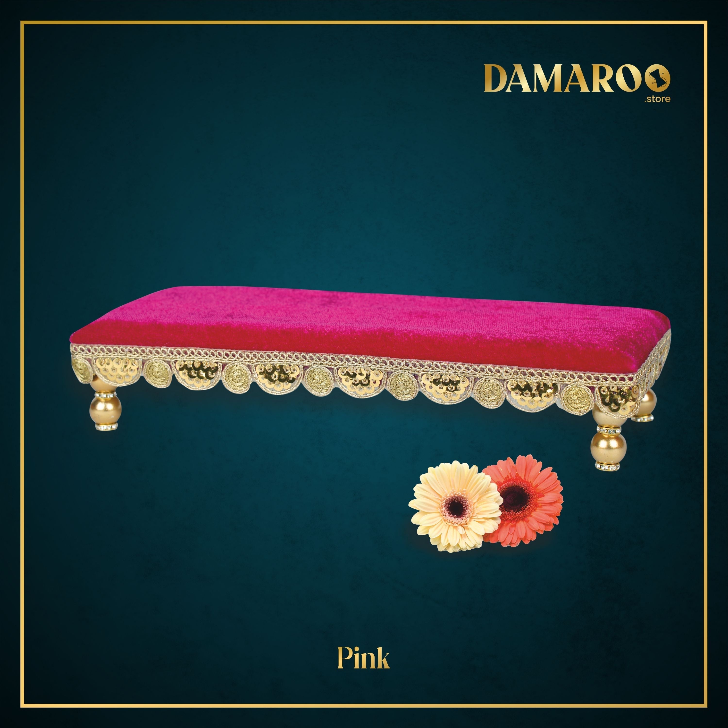 Damaroo 8x4 inch | Bhakti Bliss Small Pooja Chowki / Bajot | Velvety Round Golden Frill - Pink - Distacart
