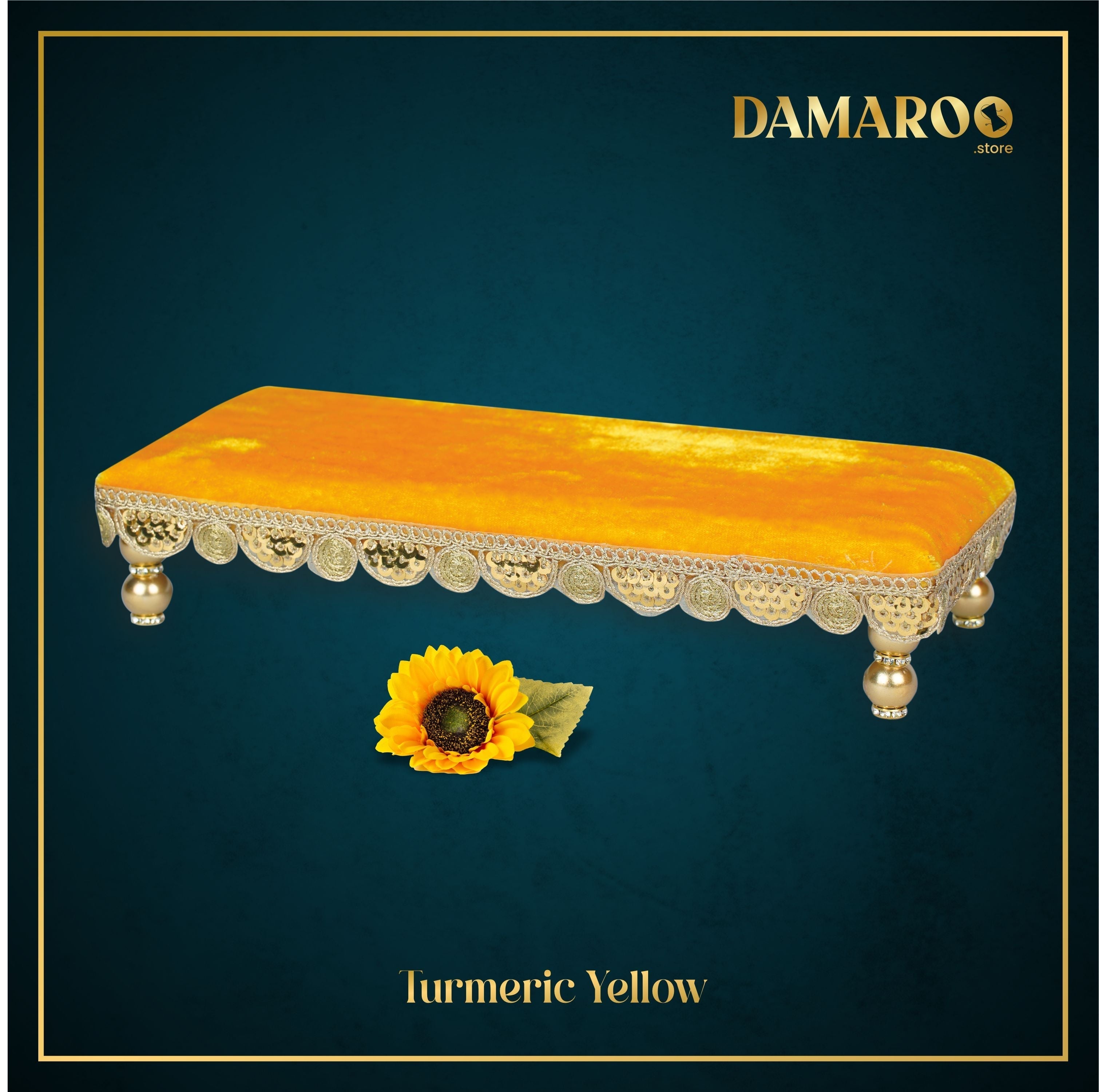 Damaroo 10x4 inch | Bhakti Bliss Small Pooja Chowki / Bajot | Velvety Round Golden Frill - Turmeric Yellow - Distacart