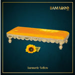 Thumbnail for Damaroo 8x4 inch | Bhakti Bliss Small Pooja Chowki / Bajot | Velvety Round Golden Frill - Turmeric Yellow - Distacart
