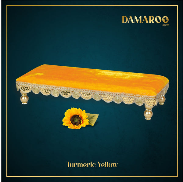 Damaroo 8x4 inch | Bhakti Bliss Small Pooja Chowki / Bajot | Velvety Round Golden Frill - Turmeric Yellow - Distacart