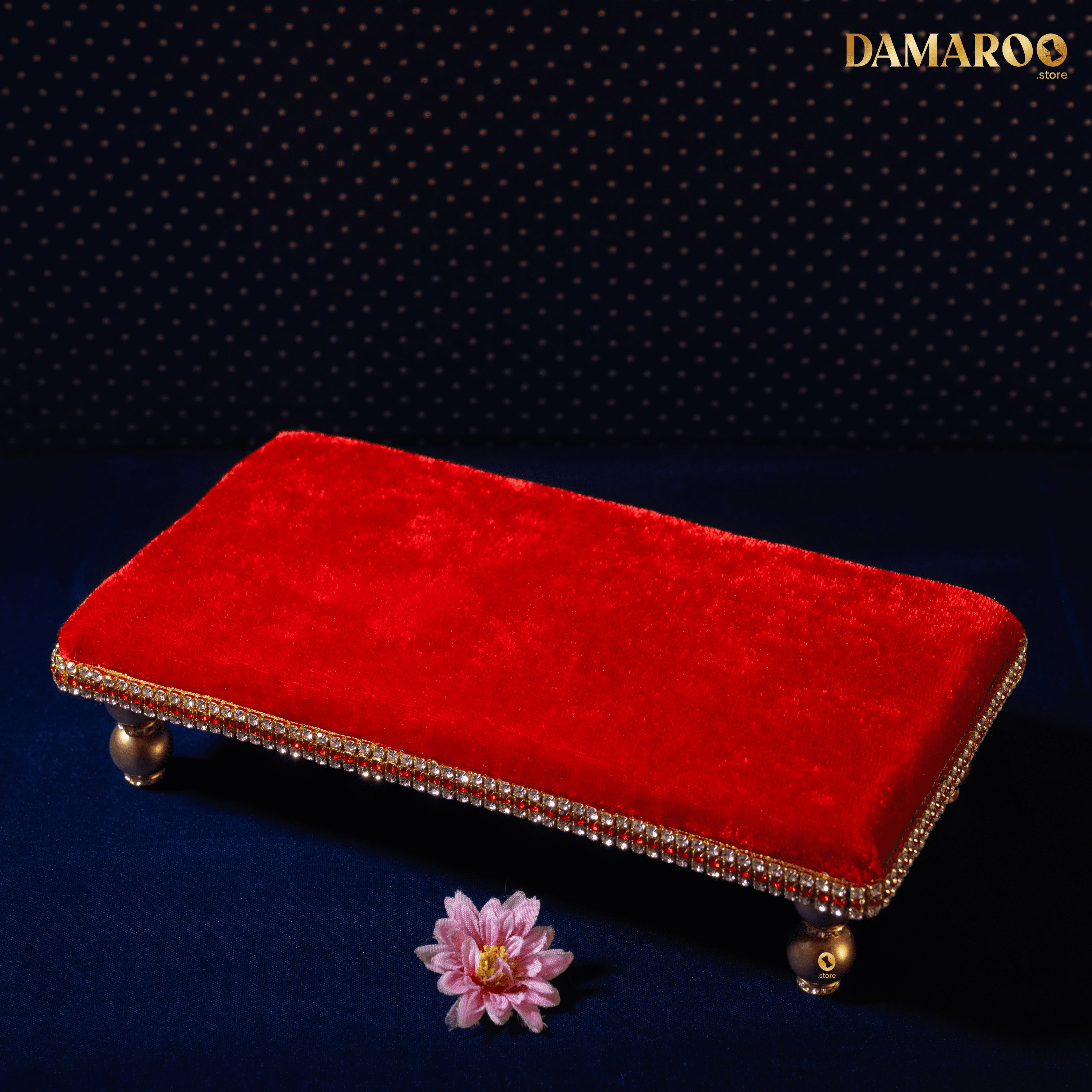 Damaroo 10x4 inch | Divine Harmony Small Pooja Chowki Deity Idol | Glitter of Glass Stones - Kumkum Red - Distacart