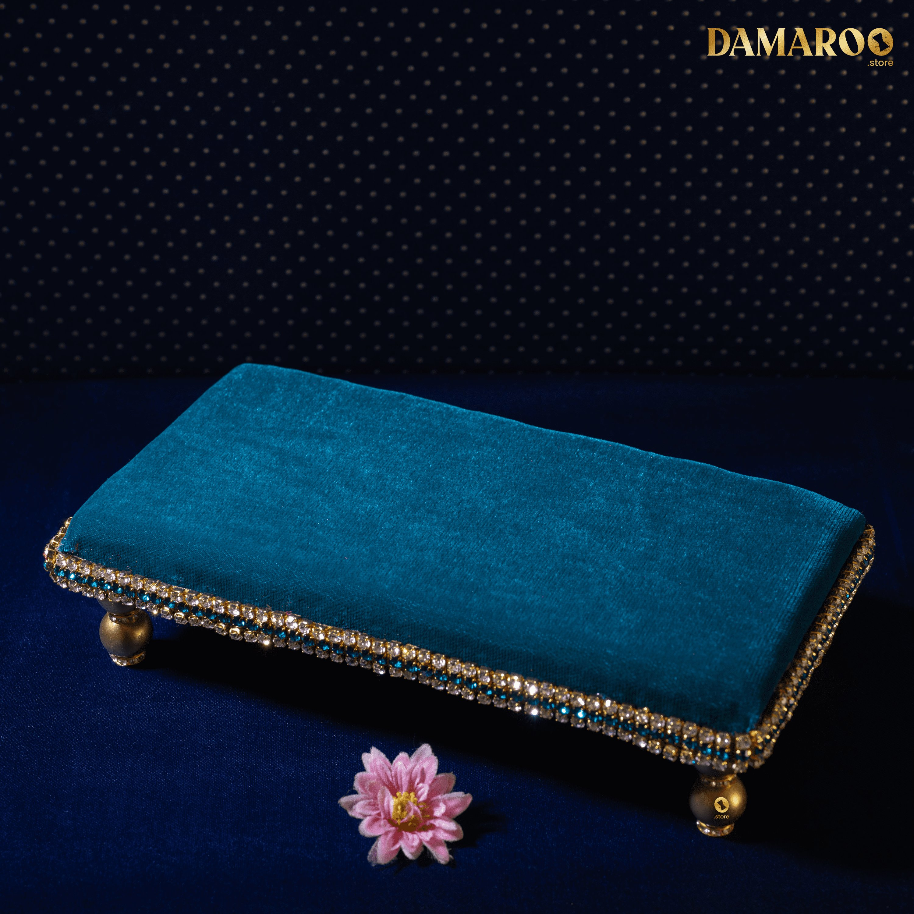 Damaroo 10x4 inch | Divine Harmony Small Pooja Chowki Deity Idol | Glitter of Glass Stones - Peacock Blue - Distacart