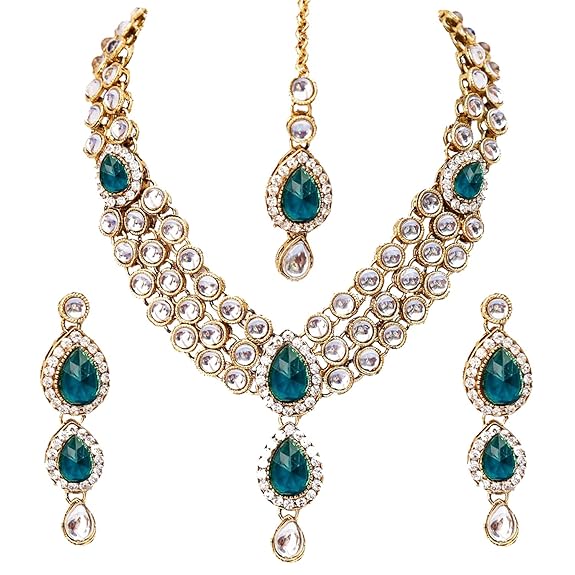 Tehzeeb Creations Traditional Gold-Polished Kundan Necklace Set for Girls & Women - Distacart