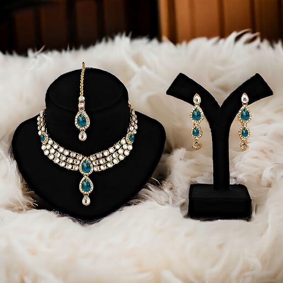 Tehzeeb Creations Traditional Gold-Polished Kundan Necklace Set for Girls & Women - Distacart