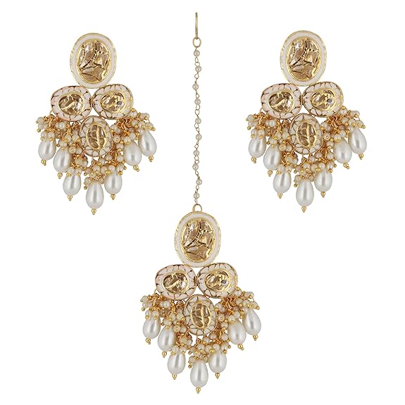 Tehzeeb Creations Back Meenakari Gold-Polished Set with Earring and Mang Tika Combo Uncut Big Faux Kundan Choker Necklace set - Distacart